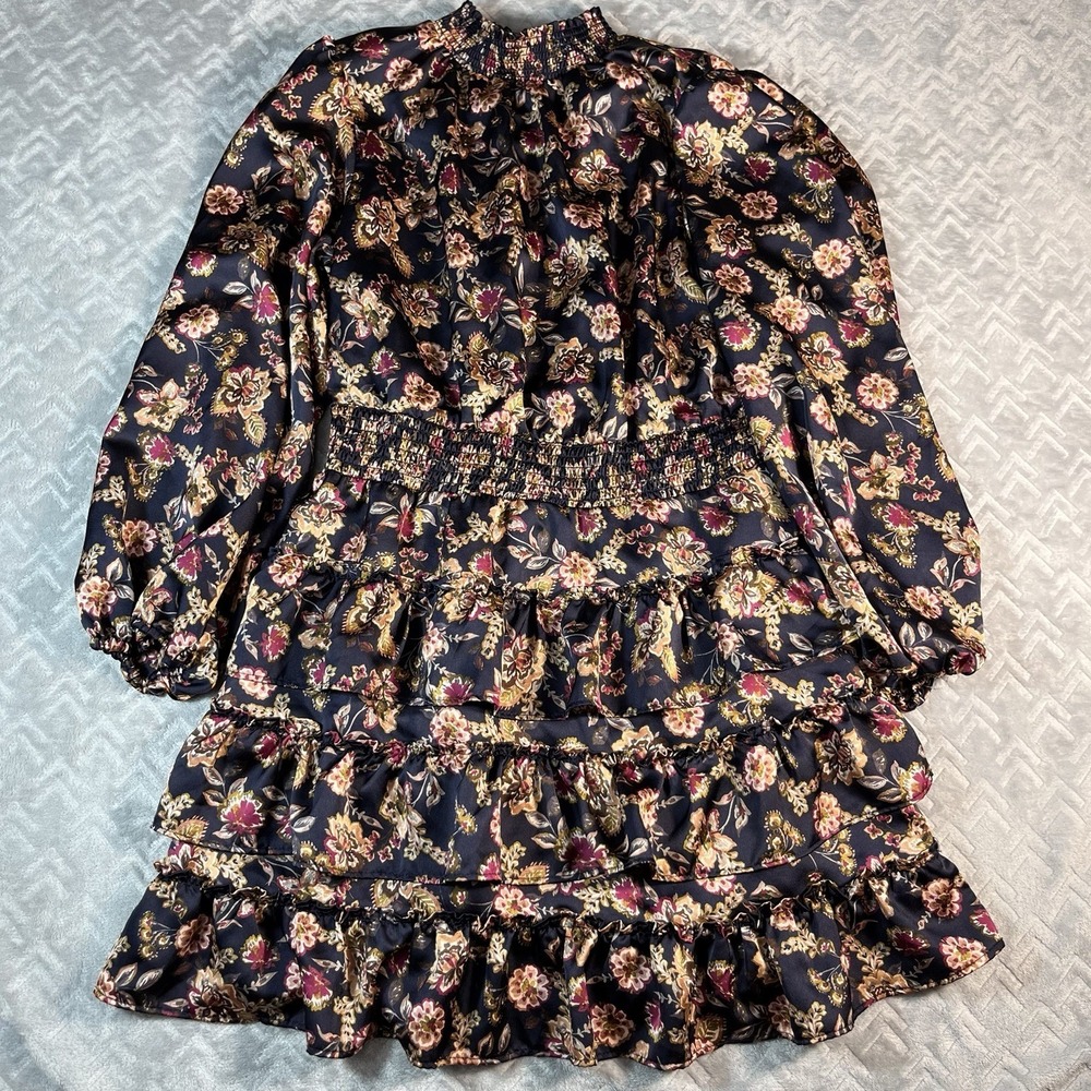 NEW 1.STATE Women's Tiered Mock Neck Mini Dress-Woodblock Floral-Long Sleeve-Med